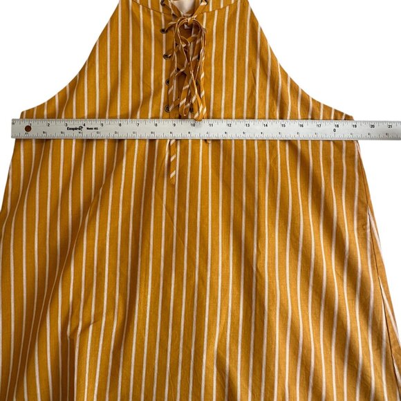 J.O.A Yellow Striped Halter Neck Criss Cross Tie Front Mini Dress Size L Cotton - Picture 7 of 8